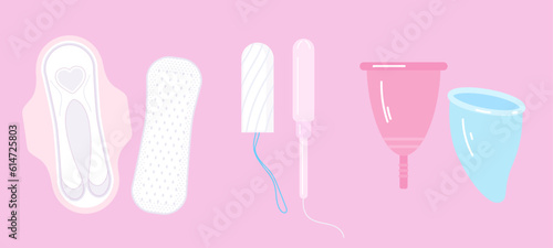 Sanitary pads with wings, tampons and menstrual cups. Feminine hygiene pads. Different personal hygiene items for menstruation. Tampon with applicator. Wing pads. Vector illustration.