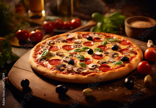 Italian tasty pizza with tomatoes, mozzarella, basil, olives. Mediterranean Kitchen. Generative AI 