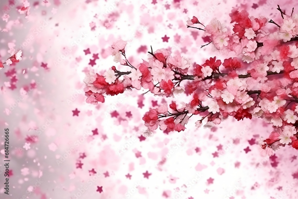 Background with a branch of cherry blossoms and flying petals. Watercolor wallpapers, wrapping paper, fabric, textile. Generative AI. Background with a branch of cherry blossoms and flying petals. Watercolor wallpapers, wrapping paper, fabric, textile. Generative AI.