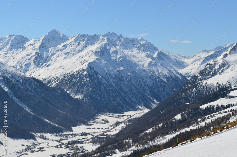 mountain valley, snowy mountains, resort