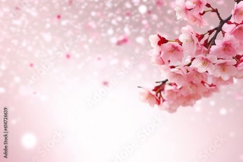 Background with a branch of cherry blossoms and flying petals. Illustration for wallpapers, wrapping paper, fabric, textile. Generative AI.