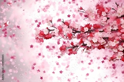 Background with a branch of cherry blossoms and flying petals. Watercolor wallpapers, wrapping paper, fabric, textile. Generative AI.