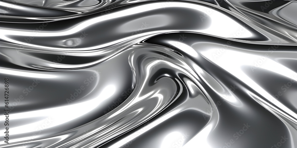 glossy silver metal fluid glossy chrome mirror water effect background backdrop texture 3d render illustration. Generative AI. - obrazy, fototapety, plakaty 