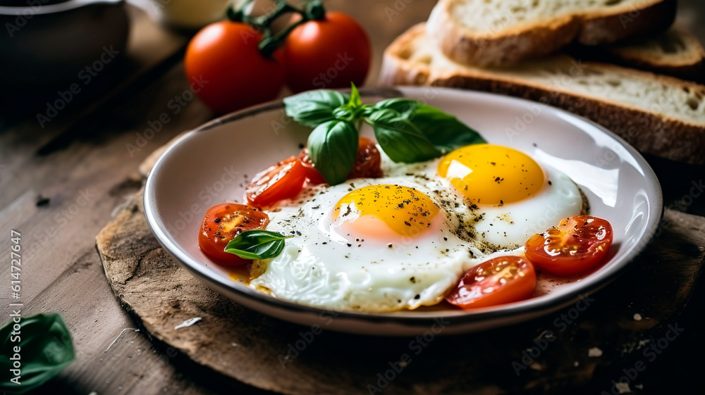 Italian mediterranean breakfast with eggs and tomato. Italian mediterranean breakfast with eggs and tomato.