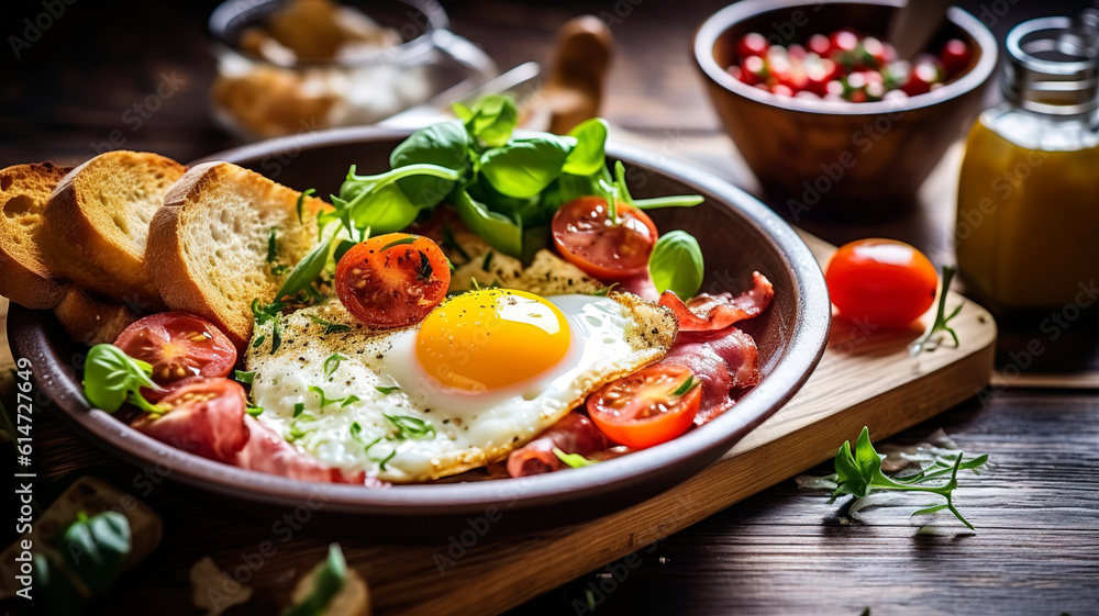 Italian mediterranean breakfast with eggs and tomato. Italian mediterranean breakfast with eggs and tomato.