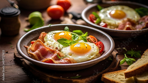 Italian mediterranean breakfast with eggs and tomato.