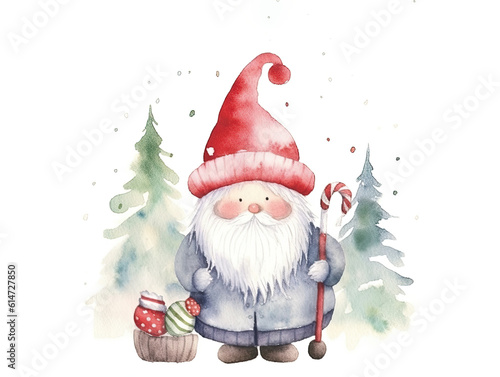 Watercolor illustration, cute Swedish Scandinavian Christmas gnome nisse, tomte, with a big red hat and white beard, in the style of Danish design, Christmas background. AI generated photo