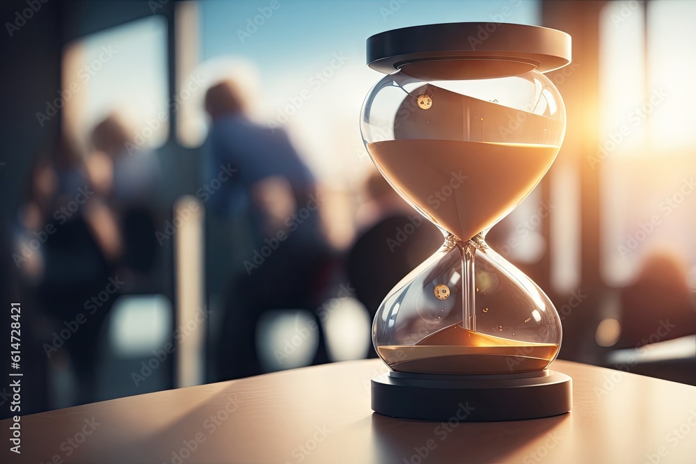 Close up view of hourglass stand office measuring time, ai generative