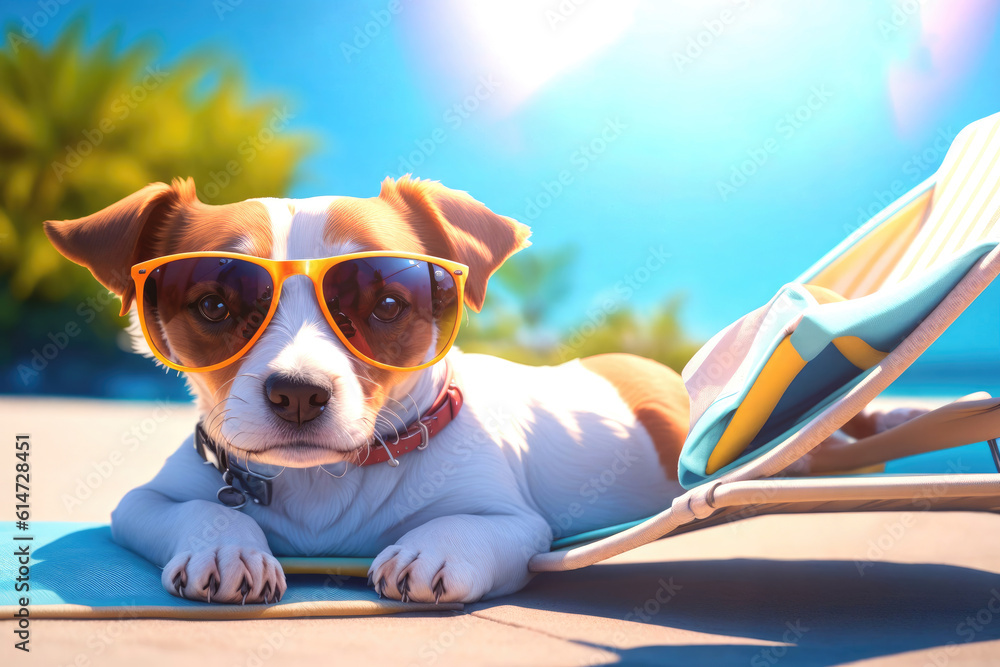 jack rusell dog sunbathing on a deck chair on vacation ai generative