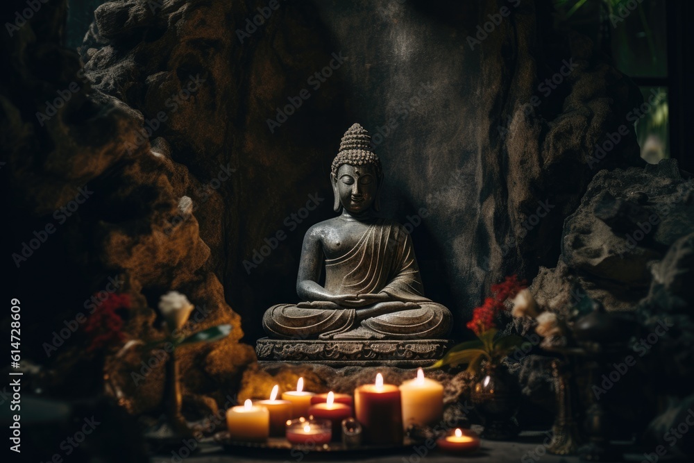 In this powerful image, a Buddha statue sits gracefully in a lotus pose, radiating a sense of calm and tranquility. Generative AI
