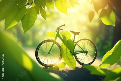 World bicycle day. Bicycle emitting fresh green leaves background. Sustainable and healthy concept ai generative