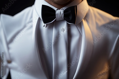 Close up of an elegant man in white shirt tightening up a dark emerald colored bow, ai generative