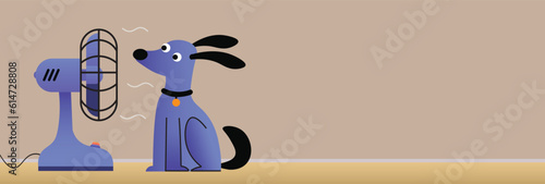 Vector illustration of a cartoon flat style dog sitting before the air cooler fan. Banner with copy space