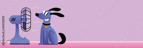 Vector illustration of a cheerful cartoon illustration of a blue dog with a happy expression, sitting in front of electric fan. summer heat and relief. Banner with copy space