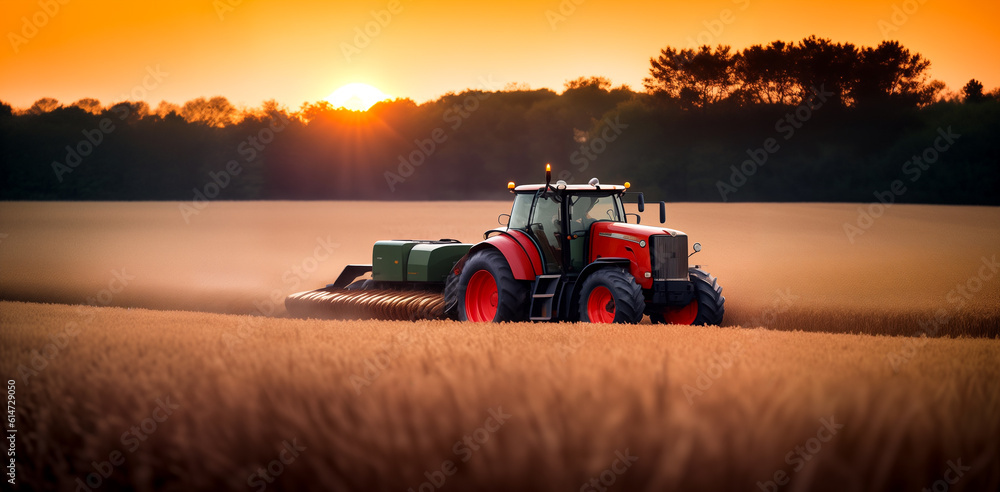 Fototapeta premium A combine harvester or agricultural tractor is processing or harvesting wheat in a field in the afternoon at sunset. Generative AI.