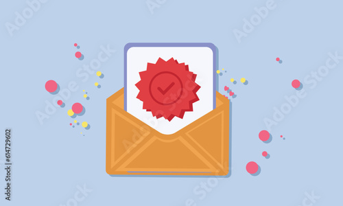 Letter with a check mark or confirmation in an open envelope. Approval concept.