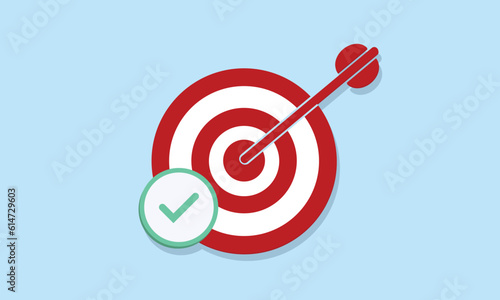 Target with arrow hit center and check mark. Marketing time concept.