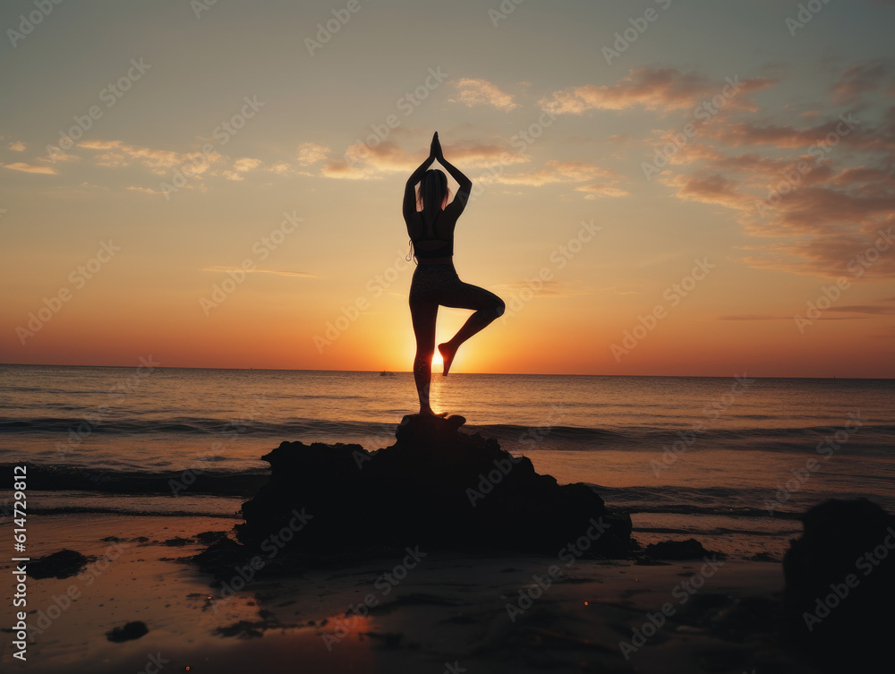 Woman practicing yoga tree pose on the beach in front of the sea at sunset. Generative AI