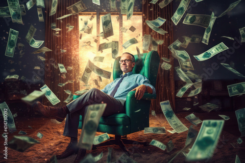 a man in a chair, banknotes, dollars fall around. success and profit in business, lottery. generative ai, ai, generative