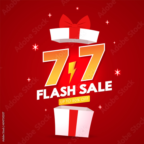 7.7 podium super sale banner template design for web or social media. Promotional Business Flash Sale Design. Vector July 7 Special Offer Illustration.