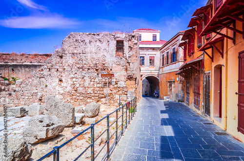 Rhodes, Greek Islands. Byzantine walls and old street in medieval Rhodos town, Greece.