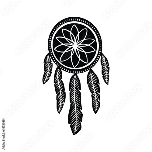 Boho Dream Catcher Tribal Symbol. Mystic Hand Drawn Dreamcatcher in Linocut Style. Celestial Magic Icon Vector Illustration Isolated on White Background. Sactred Totem Clipart for Logo, Poster, Print.