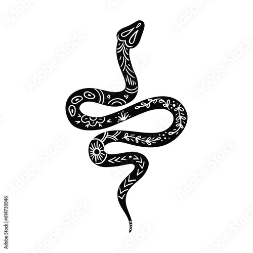 Celestial Snake Linocut Vector Icon. Mystic Floral Snake Silhouette Isolated on White Background. Boho and Magic Witchy Python Clipart, Occult Symbol Illustration. Black Gothic Art Print for T Shirt
