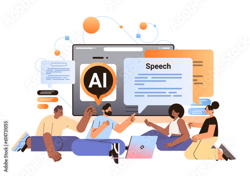 mix race people chatting in computer app with ai helper bot social media network speech generation digital communication