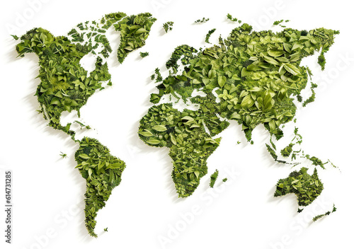 World map made from green grass and leaves. Ecology and green environment concept isolated on white background. Created with generative Ai