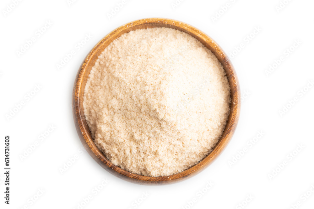 Powdered milk and buckwheat baby food mix isolated on white, top view Powdered milk and buckwheat baby food mix isolated on white, top view