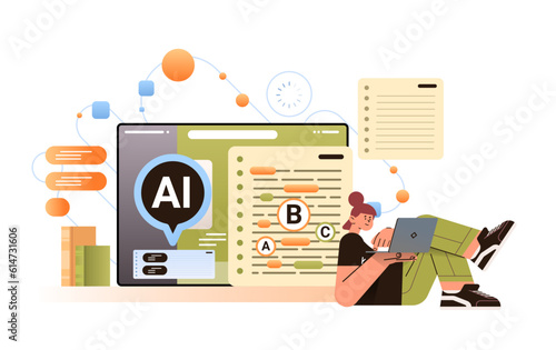 woman using writing assistant app wit ai helper bot copy writing automation technology scan mistakes and report text grammar errors