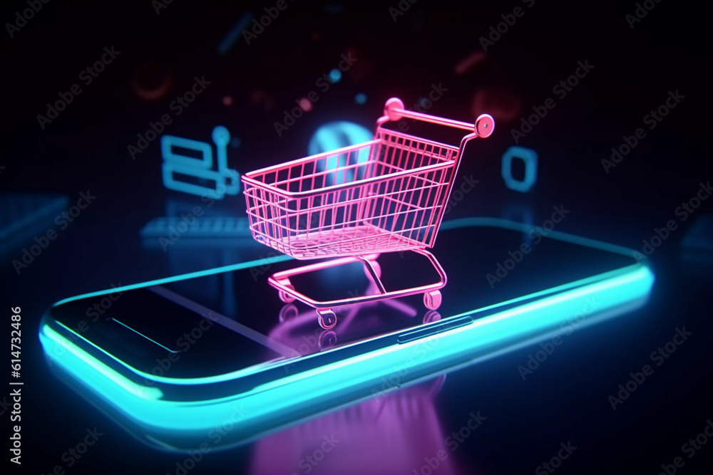 Futuristic online payment shopping with cart on a phone in a dark background