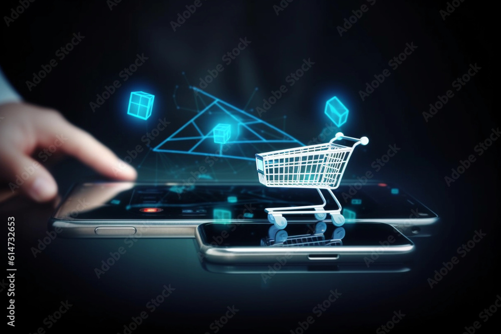 Futuristic online payment shopping with cart on a phone in a dark background