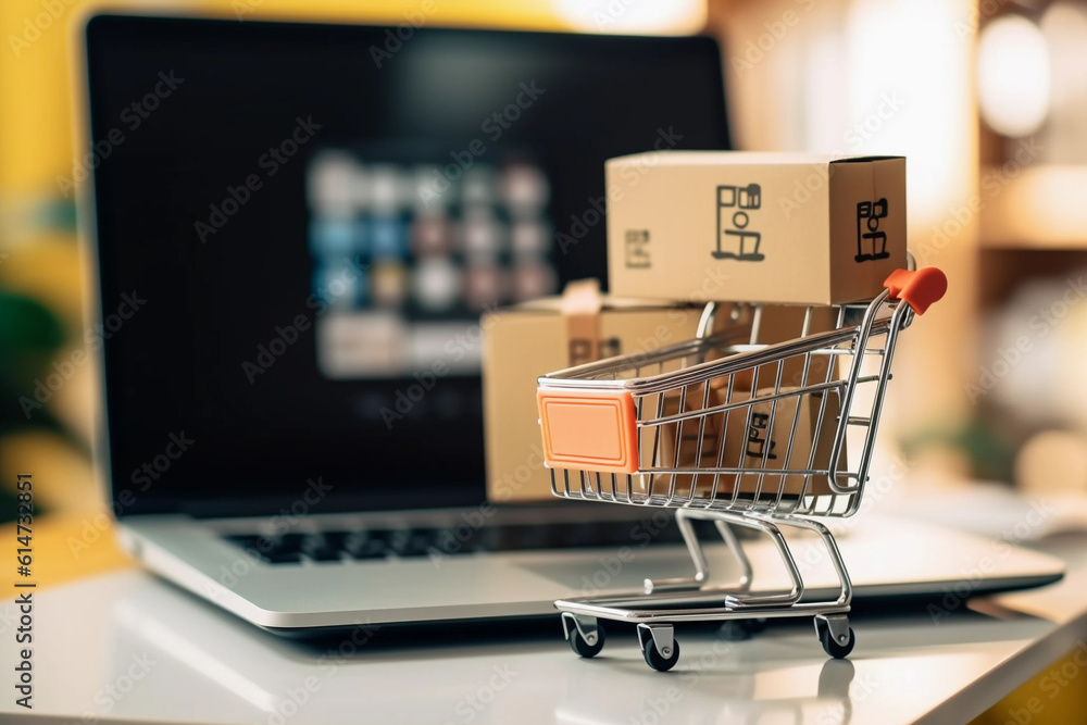 Packages and boxes online shopping in a cart next to a laptop with blurry background