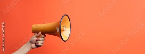 Banner with copy space. Hand holding orange megaphone on orange background. 