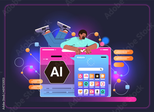 man using computer apps on screen social media communication digital addiction concept