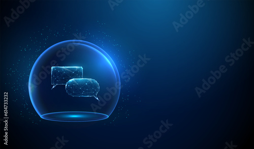Abstract blue glowing chat boxes in transparent glass dome