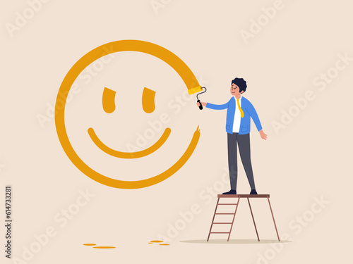 Happiness and positive thinking, optimism or motivation to live happy life concept, happy boy climb up ladder to paint smile face on the wall. Modern flat vector illustration