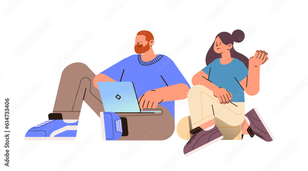 man woman discussing during meeting couple using laptop social media communication digital addiction concept