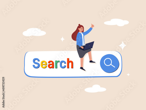 SEO search engine optimization concept. Search box, finding website from internet, online job or career opportunity, woman working with computer laptop on search box with magnifying glass button.