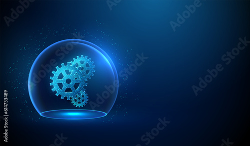 Abstract blue glowing cogwheels in transparent glass dome.