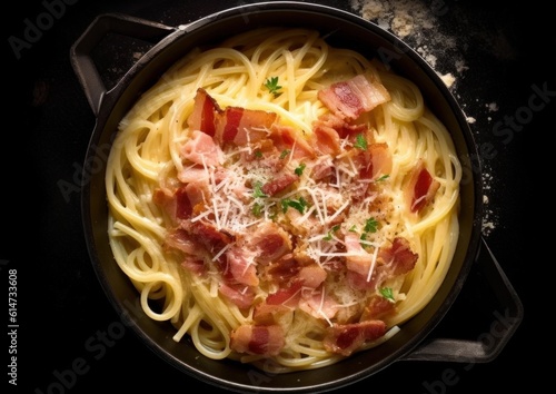 steaming Carbonara in a pan, ready to be served