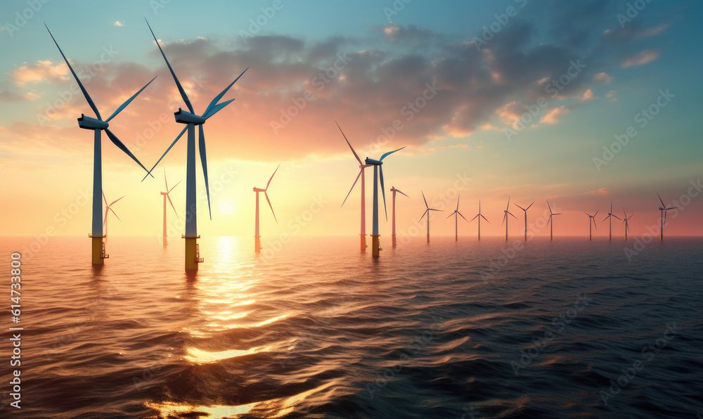 Modern Wind turbines and solar panels sunset light. Concept eco green renewable energy. 