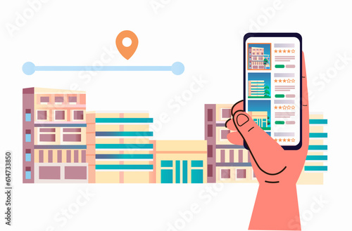online hotel booking in mobile app book apartment room service concept horizontal