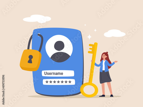 Online authentication concept. Strong password for cyber security, high protection and safety for login account, secure data privacy, businesswoman hold key with user account lock with strong lock pad