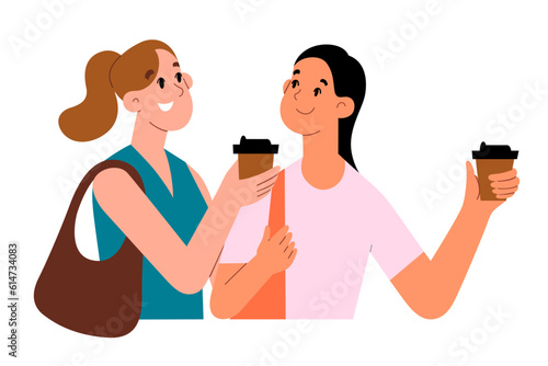 Two women walk and talk drinking coffee-to-go, girlfriends spend time together, Asian and Caucasian female characters chat on a walk, flat vector illustration isolated on white background