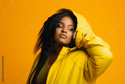 Beautiful plus size African American woman in a yellow background © Creative Clicks