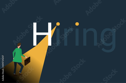 Announcement of hiring message, opportunity for job, A light shines from the words and the job seeker is running towards it