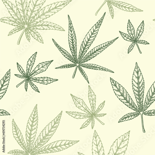 Marijuana leaves seamless pattern. Cannabis hand drawn vintage background. Vector illustration in sketch style. Weed engraving design