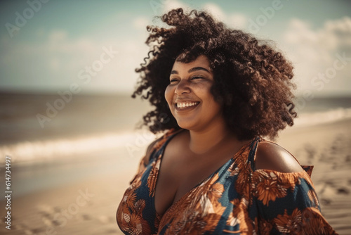 Beautiful plus size African American woman at the beach